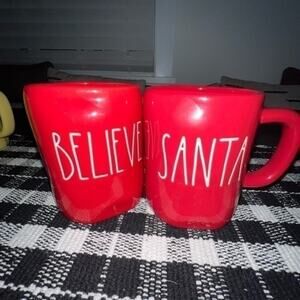 2 UEC RAE DUNN BRIGHT RED COFFEE MUGS BELIEVE & SANTA RED MUGS